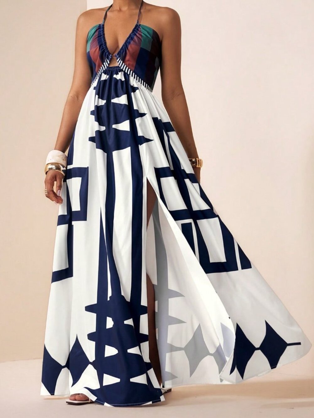 Multicolor Boho Women's Maxi Dress with Spaghetti Straps and Deep V-Neck - Picture 5 of 9
